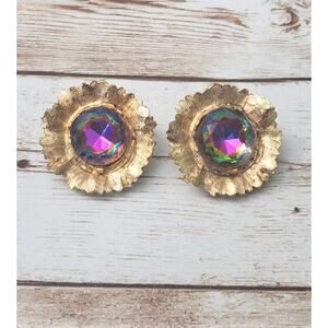 Vintage Empress Clip On Earrings Gold Tone with Multi Tone Gem Large Statement